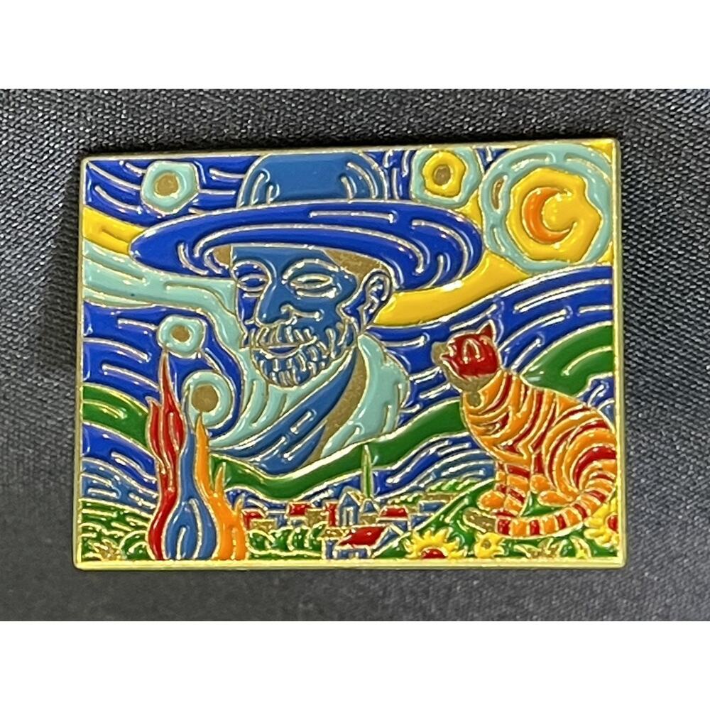 NWOT Yellow Cat Blue Enamel Lapel Pin Brooch Van Gogh Portrait